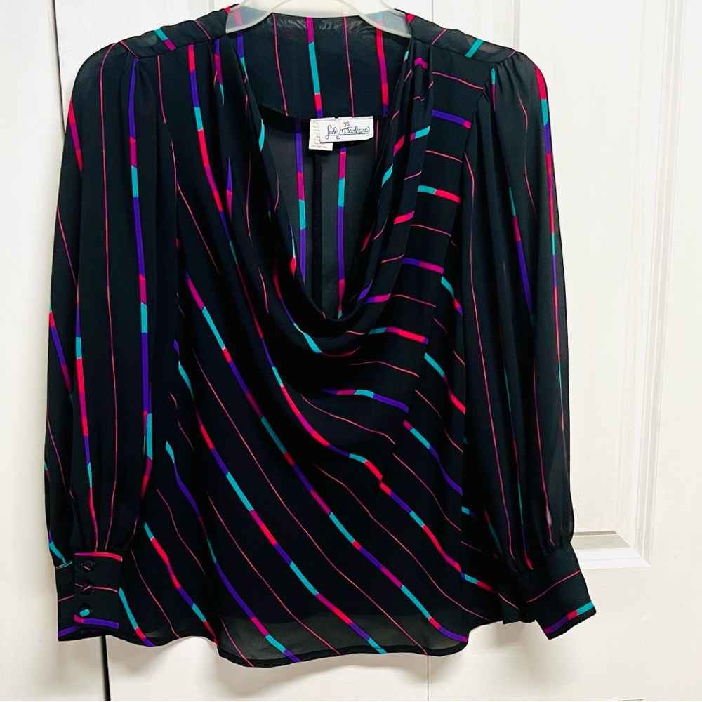 Lady Barbara 1960s Vintage draped Neck Blouse Multi-Color Stripes Blouse 36